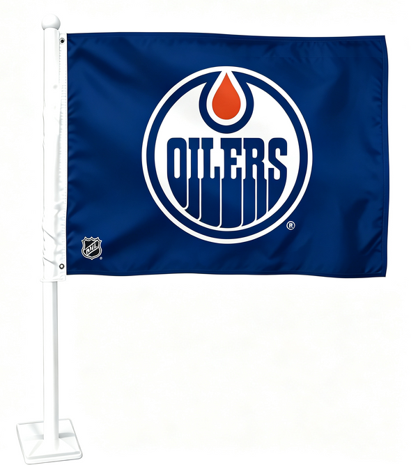 2 Pack NHL Edmonton Oilers Flag Car Window Flag of Edmonton Oilers 11X18 Inch(28x46cm) 100% Polyester, Strong White Flagpole