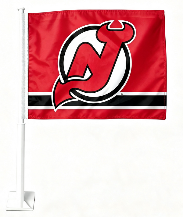 2 Pack NHL New Jersey Devils Flag Car Window Flags of  NJ Devils 11X18 Inch(28x46cm) 100% Polyester, Strong White Flagpole