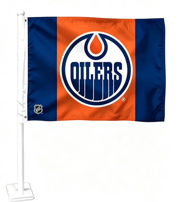 2 Pack NHL Edmonton Oilers Flag Car Window Flag of Edmonton Oilers 11X18 Inch(28x46cm) 100% Polyester, Strong White Flagpole