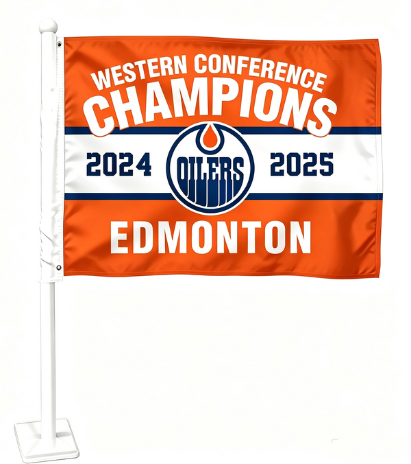 2 Pack NHL Edmonton Oilers Flag Car Window Flag of Edmonton Oilers 11X18 Inch(28x46cm) 100% Polyester, Strong White Flagpole
