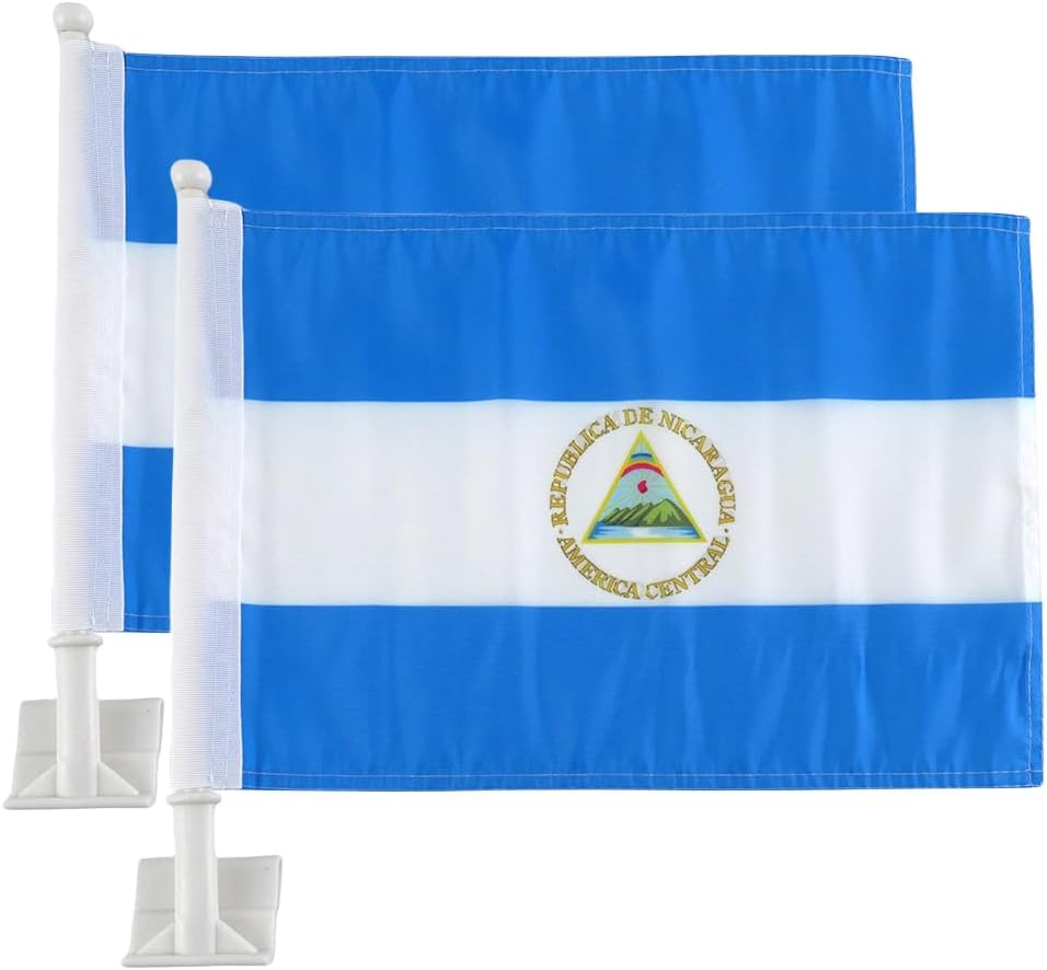 Car Window Flag of Nicaragua 11X18 Inch(28x46cm) 100% Polyester, Strong White Flagpole