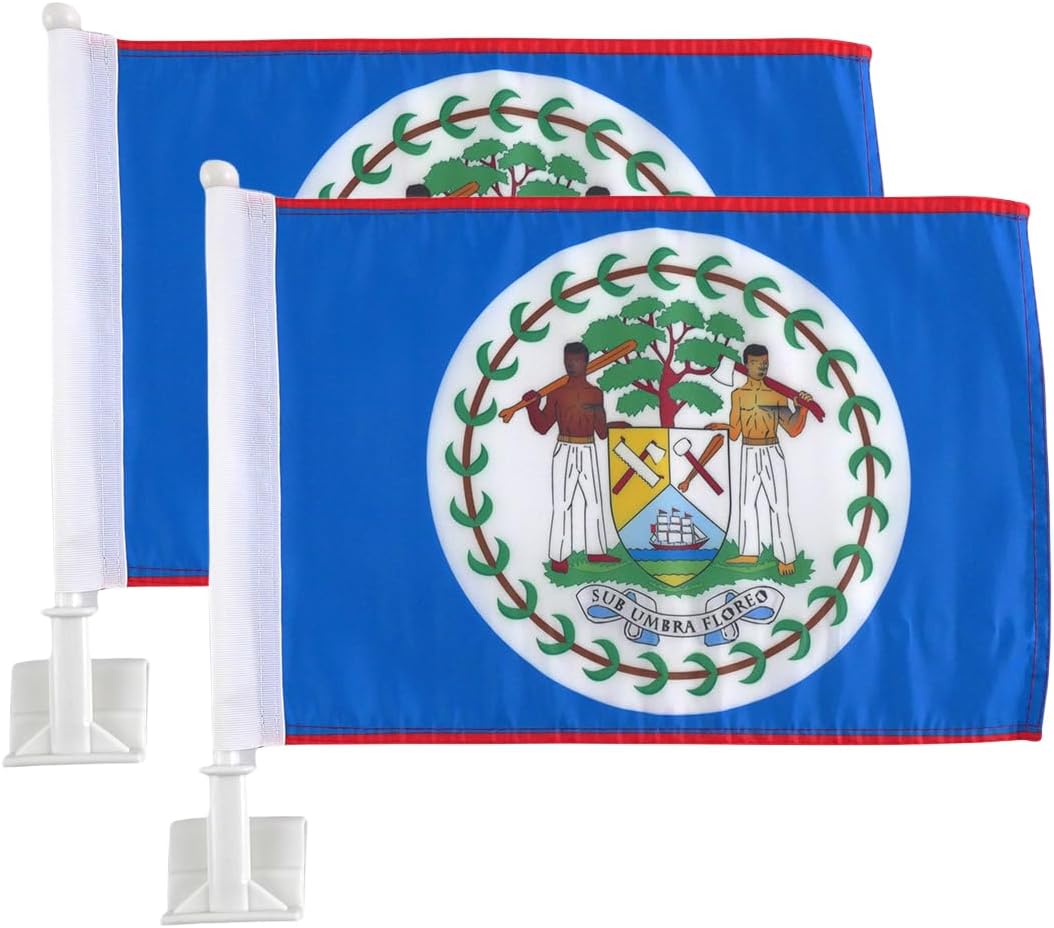 Car Window Flag of Belize 11X18 Inch(28x46cm) 100% Polyester, Strong White Flagpole