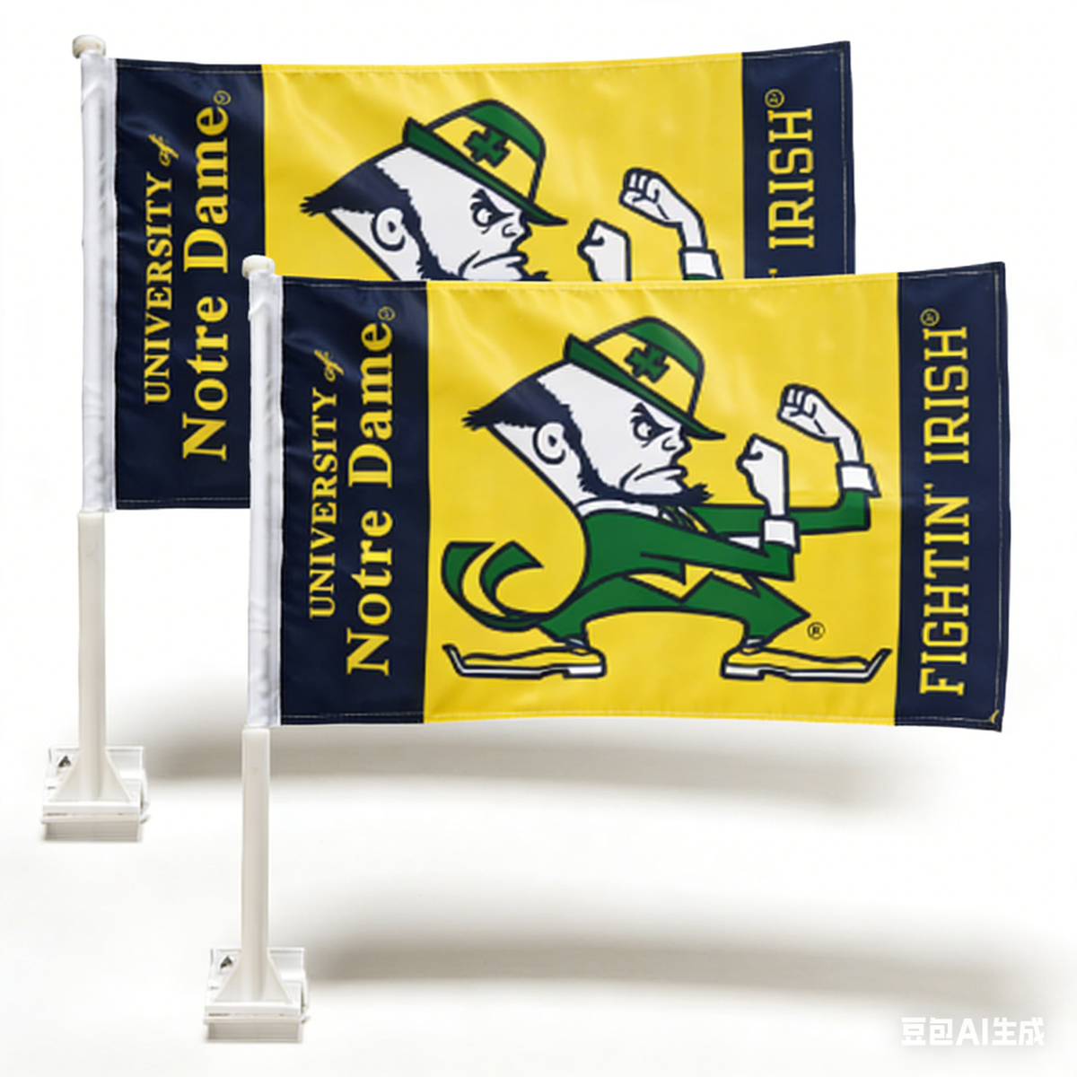 2 Pack Notre Dame Fighting Irish Cheer ND  Car Window Flag- NCAA  Banner Irish Ireland Shamrock Flag 11X16Inch(28x40cm) 100% Polyester, Strong White Flagpole