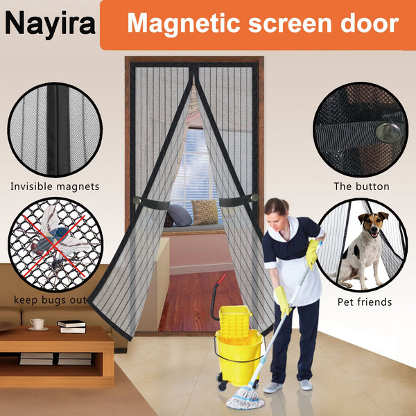 Nayira Magnetic Screen Door Fiberglass-Keep Bugs Out Let Fresh Air In-New Upgraded Magnets-Durable Fiberglass Mesh Curtain with Weights in Bottom-Full Frame Velcro-Fits Door up to 36''x82''